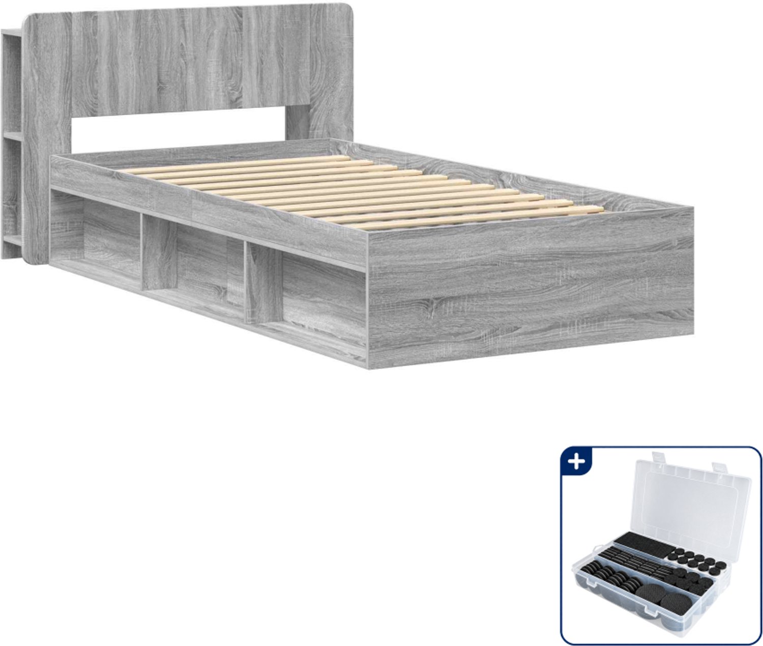 vidaXL bedframe met opbergruimte - 80 x 200 cm - bewerkt hout - grijs - Inclusief antikrasvilt 177-delig