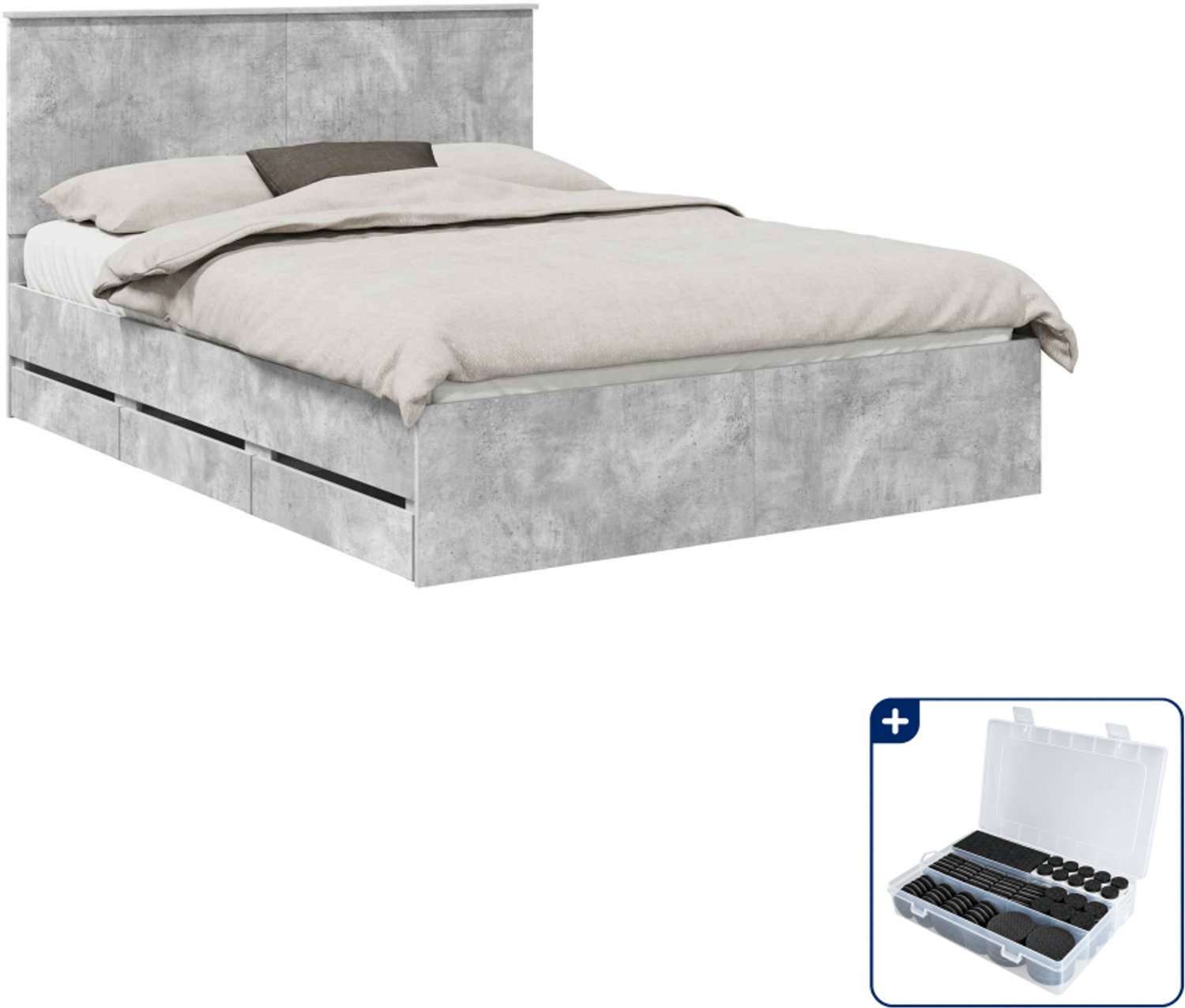 vidaXL bedframe met lade - 150 x 200 cm - bewerkt hout - beton grijs - Inclusief antikrasvilt 177-delig Bruin