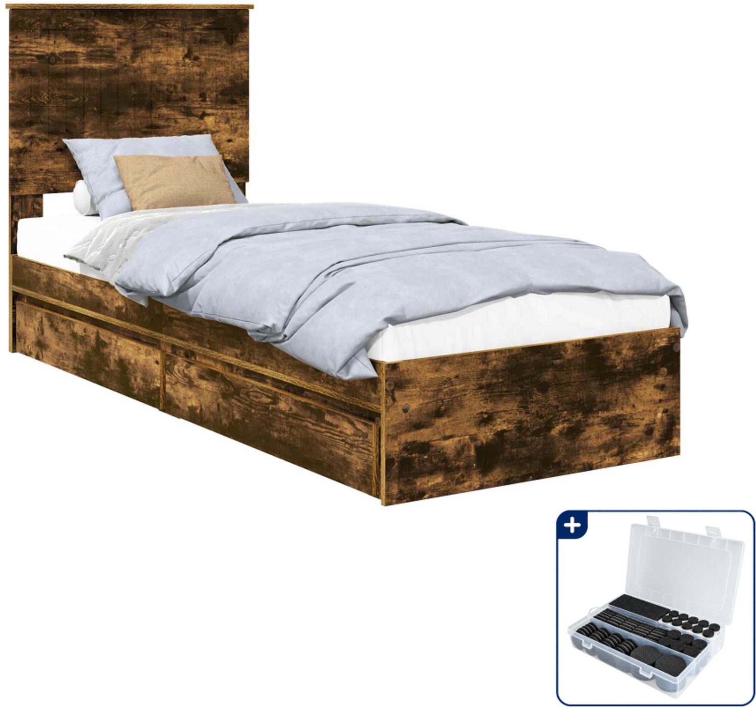 vidaXL bedframe - 75 x 190 cm - bewerkt hout - gerookt eiken - Inclusief antikrasvilt 177-delig Bruin