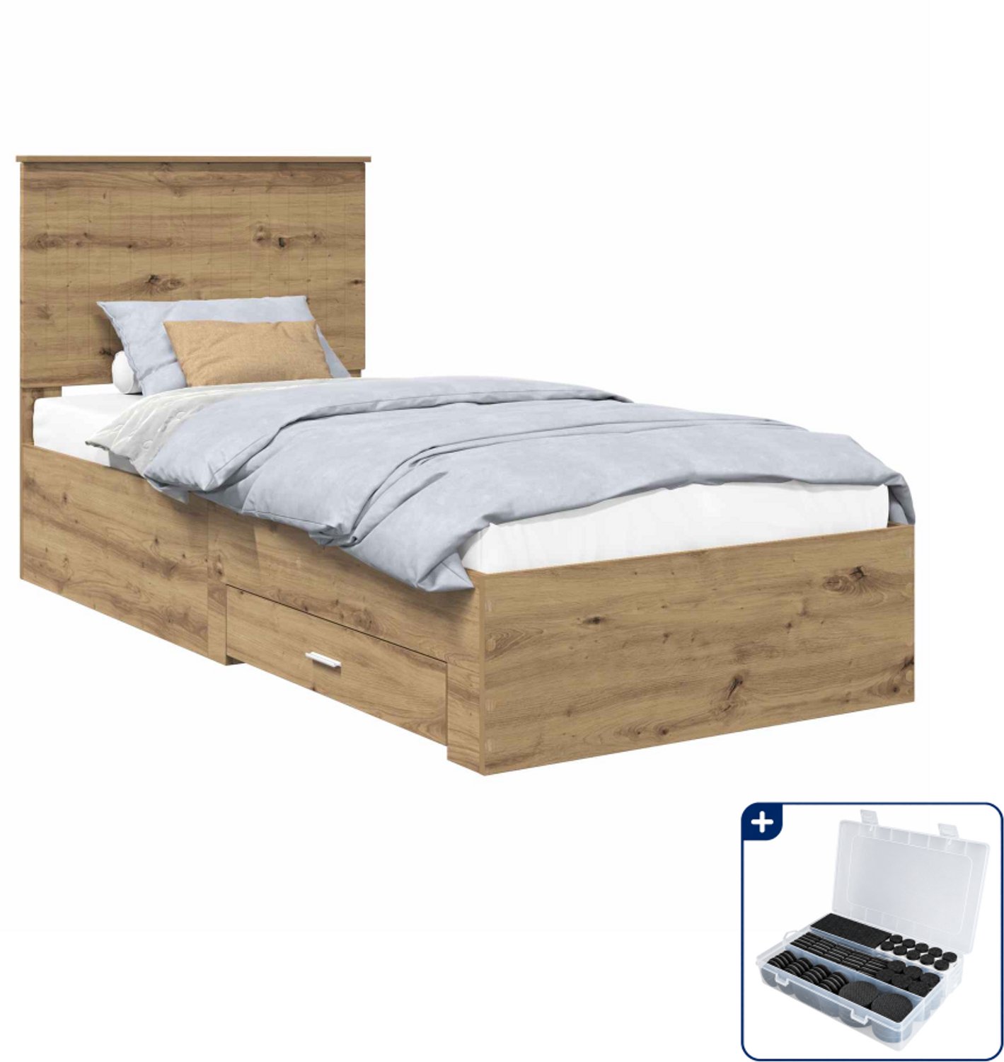 vidaXL bedframe met lade - 90 x 200 cm - bewerkt hout - artisan eiken - Inclusief antikrasvilt 177-delig Grijs