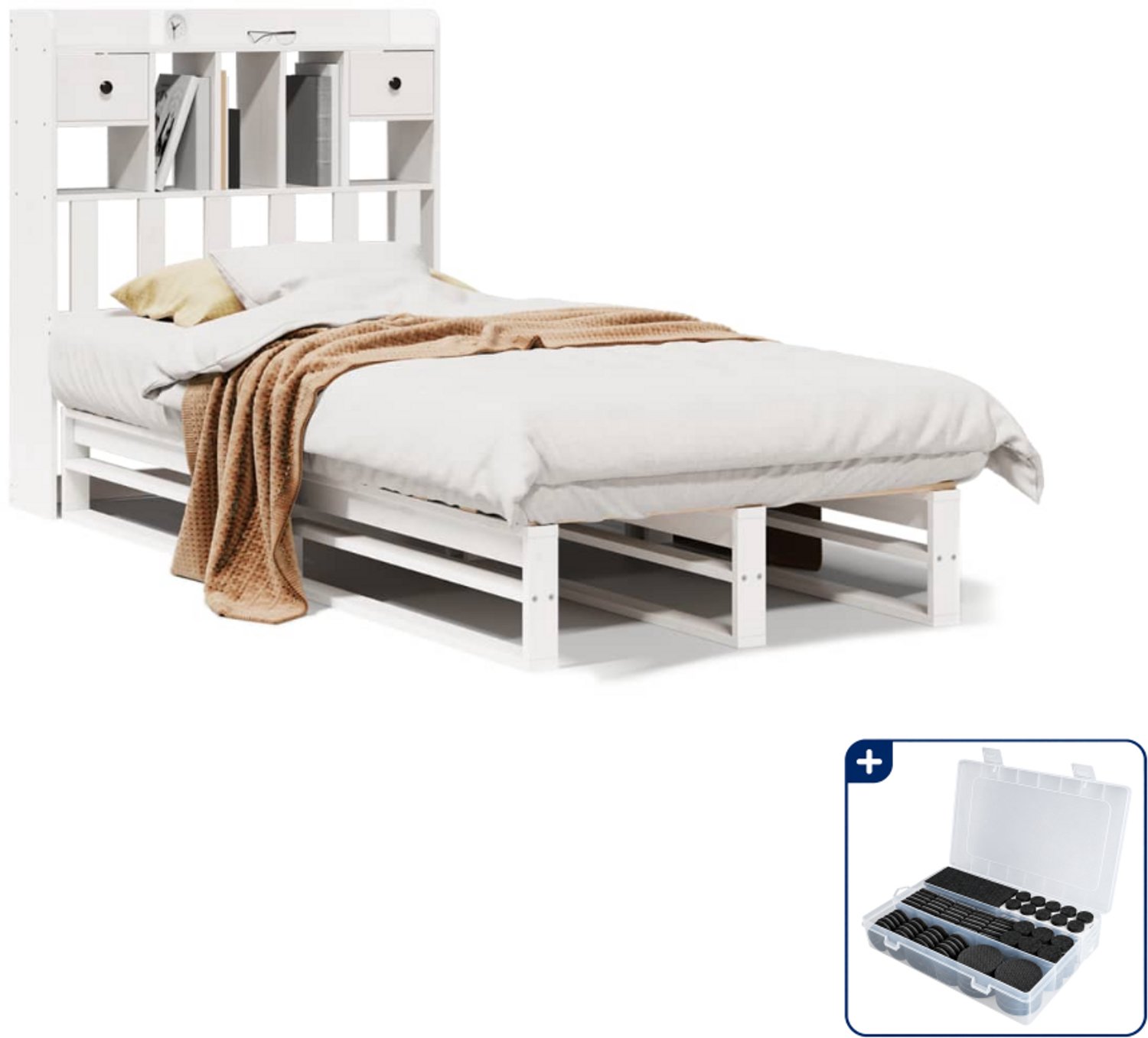 vidaXL bed met boekenkast - 75 x 190 cm - grenenhout - wit - Inclusief antikrasvilt 177-delig