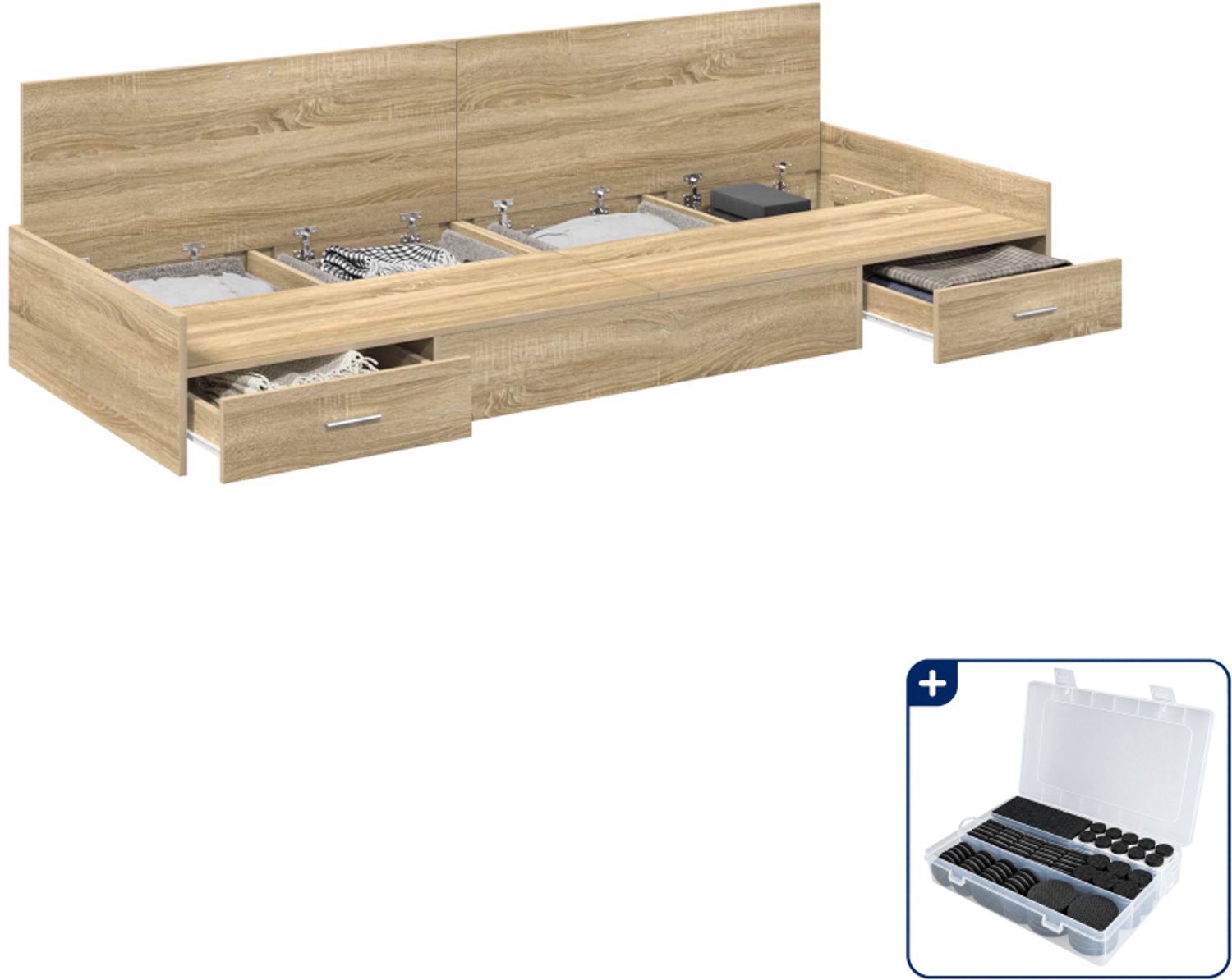vidaXL bedframe met lade - 90 x 200 cm - bewerkt hout - sonoma eiken - Inclusief antikrasvilt 177-delig Bruin