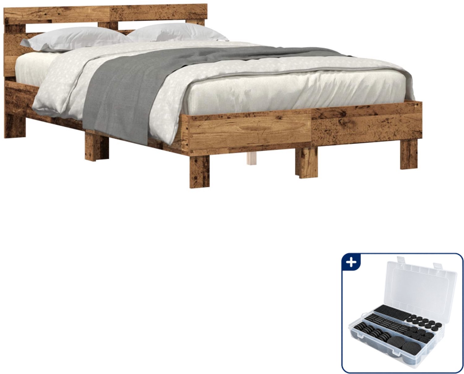 vidaXL bedframe - 120 x 190 cm - bewerkt hout - oudhout - Inclusief antikrasvilt 177-delig Crème