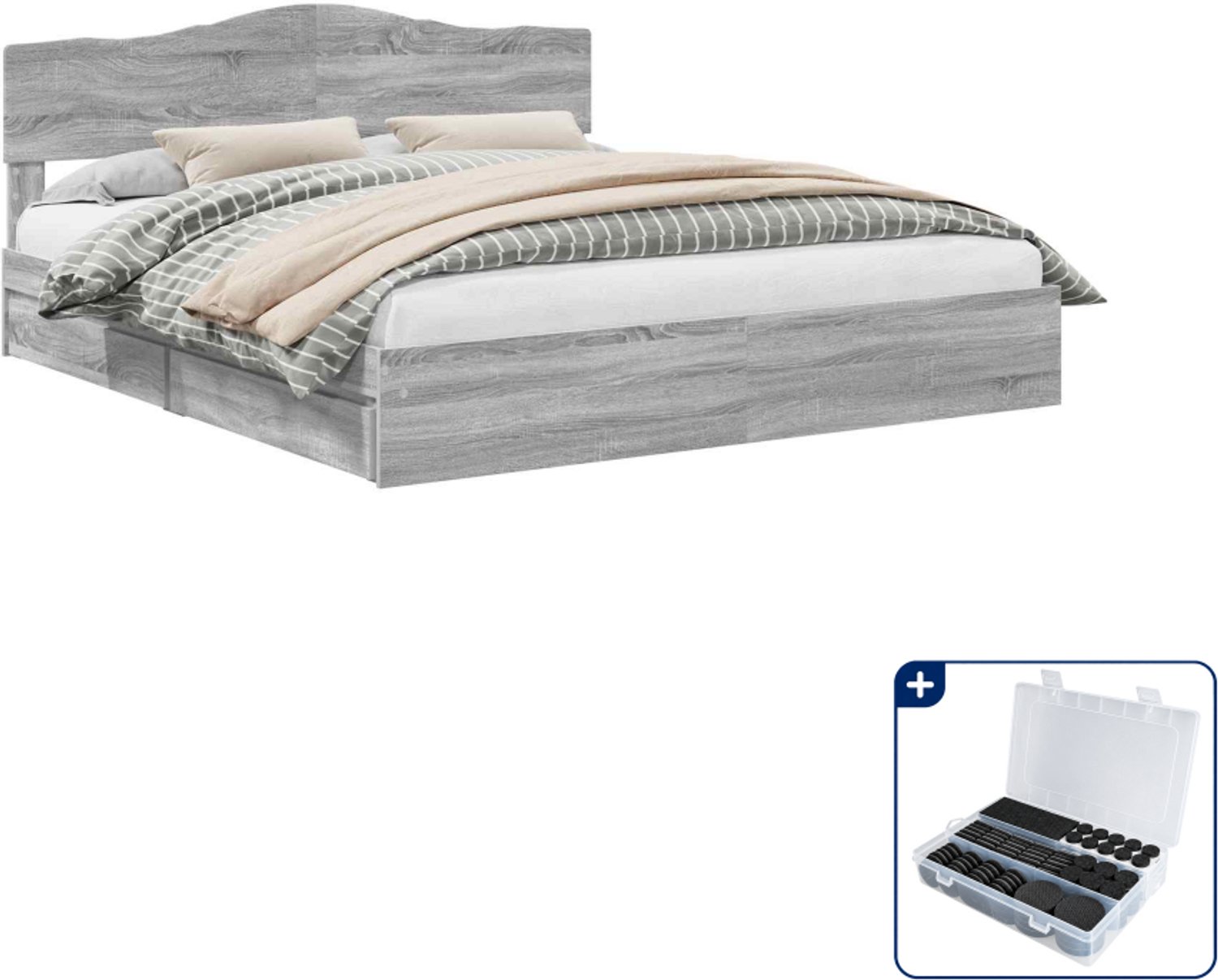 vidaXL bedframe - 200 x 200 cm - bewerkt hout - grijs sonoma - Inclusief antikrasvilt 177-delig