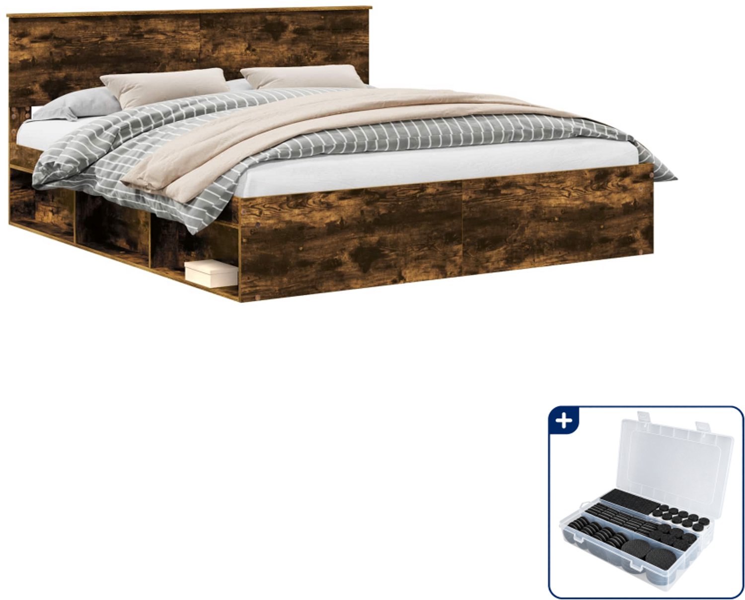 vidaXL bedframe met hoofdeinde - Kingsize - 180 x 200 cm - gerookt eiken - Inclusief antikrasvilt 177-delig Zwart