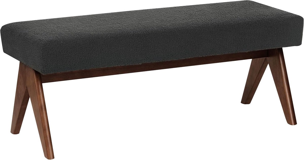 Bankje retro hal bank bouclé gestoffeerd houten poten zwart donkerbruin Tamre