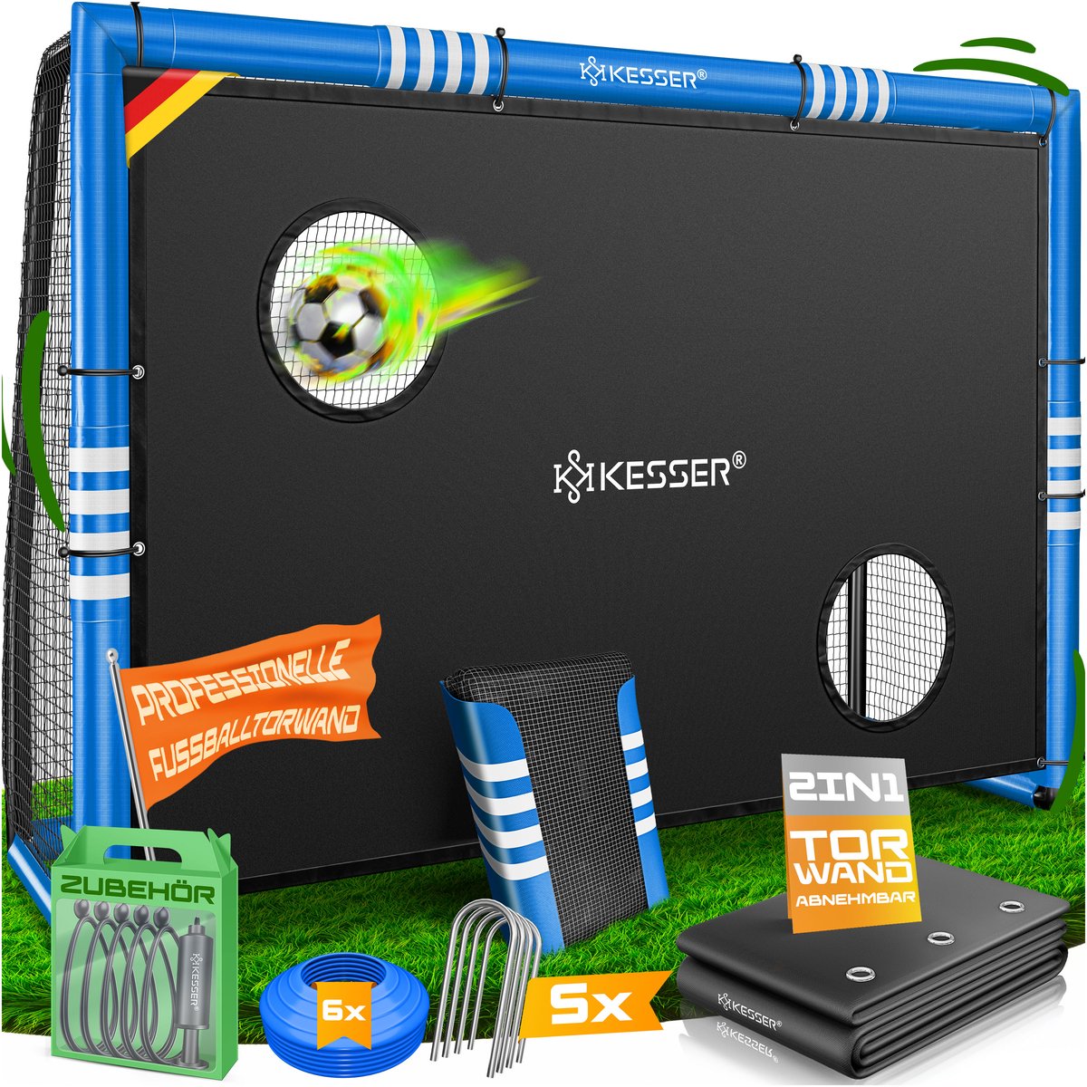 KESSER® Voetbaldoel - Stalen frame met bekleding - UV-bestendig net - 180 cm met doelwand - Blauw