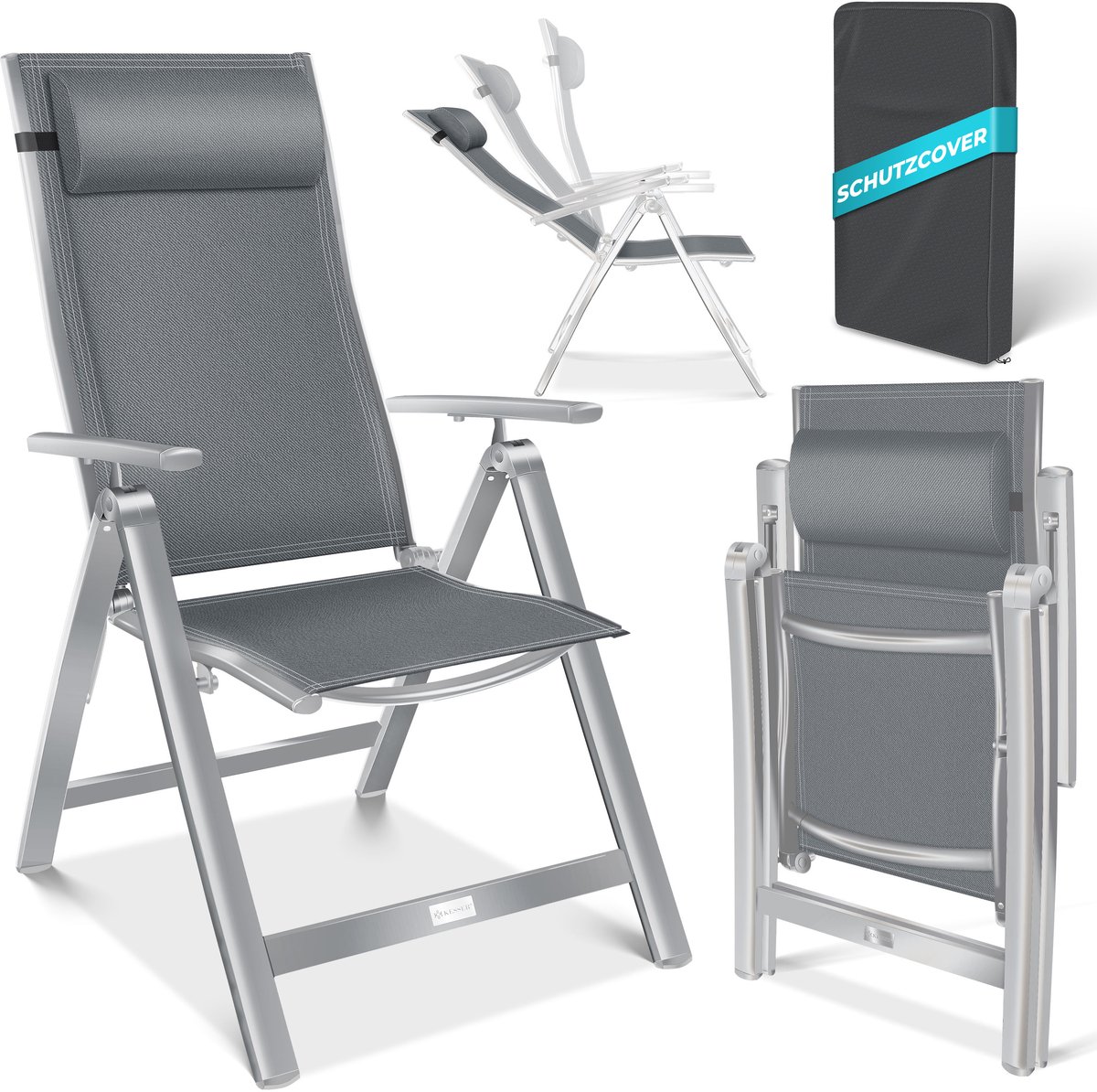 KESSER® Tuinstoel met hoge rugleuning - aluminium klapstoel - 7-voudig verstelbaar - lichtgrijs