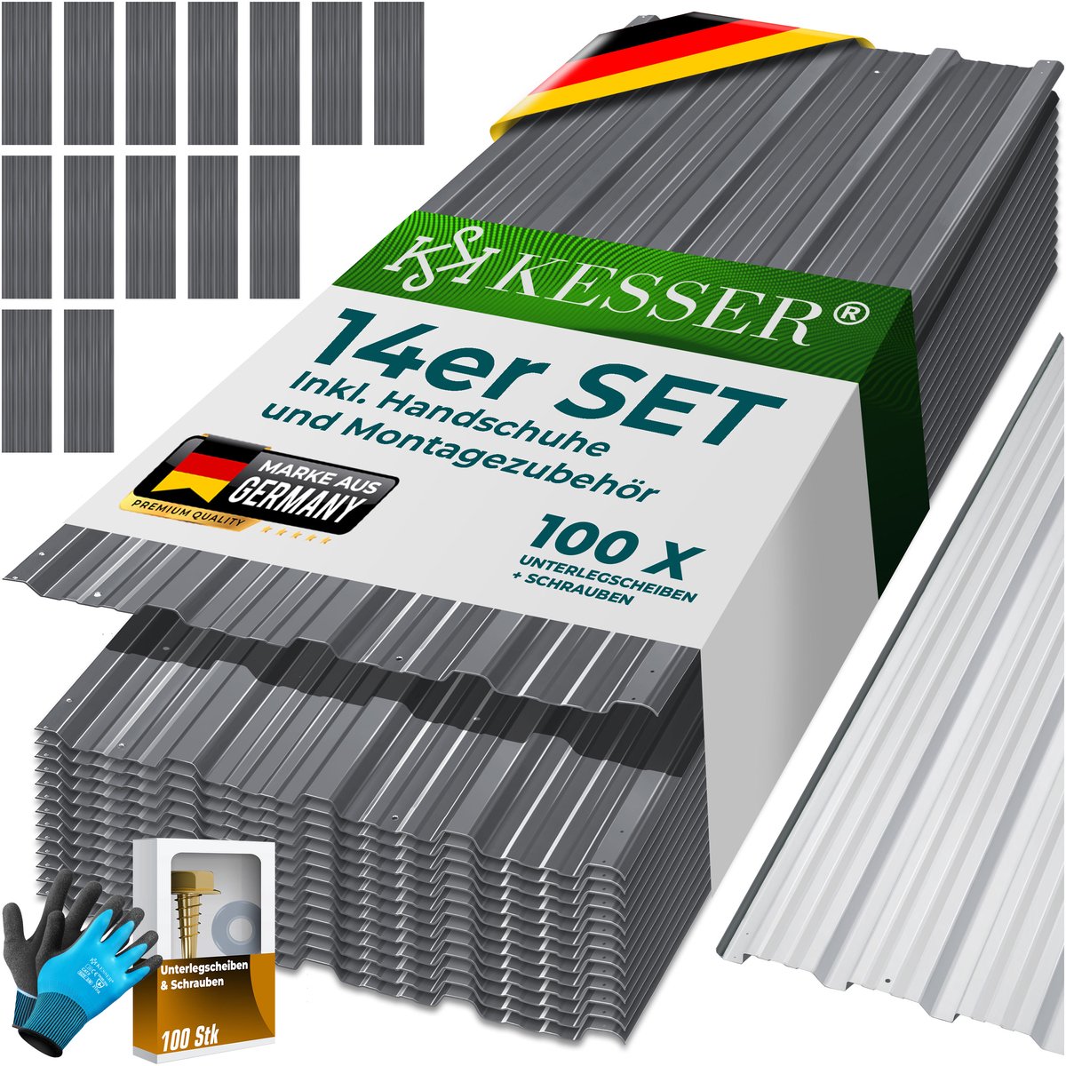 KESSER® Trapeziumplaat set van 14 - dakplaten 110 x 46 cm - 7 m² verzinkt staal 0,25 mm - grijs