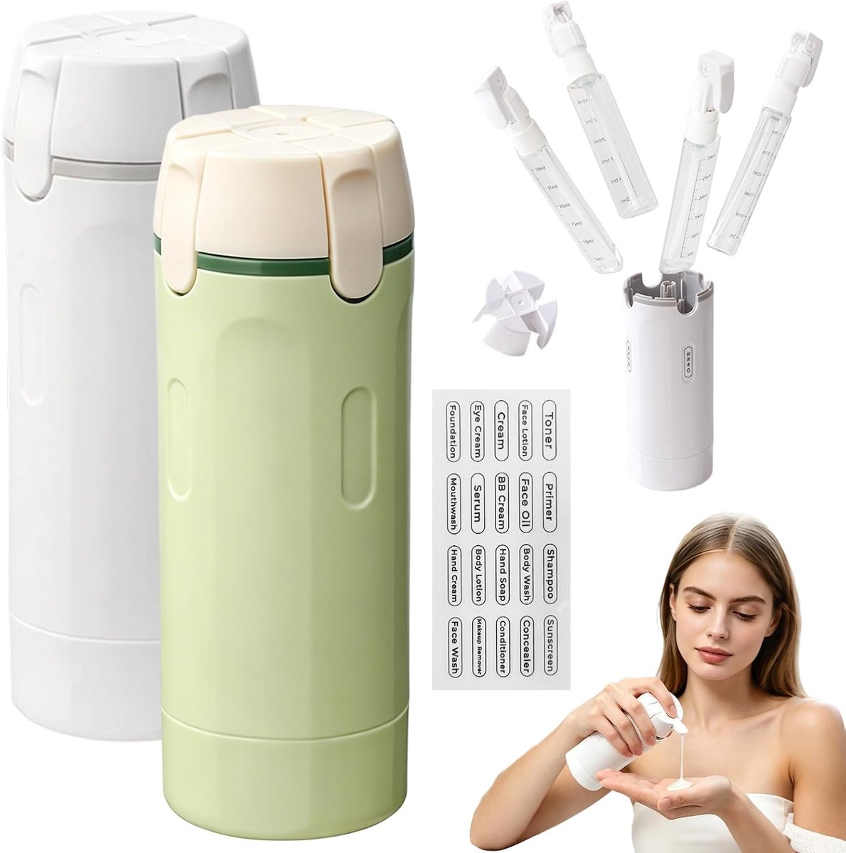 4-in-1 reispakket, siliconen vloeistofcontainerset, herbruikbare en navulbare reisdispenserflessen voor shampoo, lotion en douchegel in reisformaat (2, wit en groen)