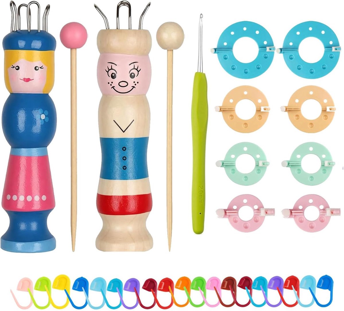 Set van 2 gebreide poppen van hout met haaknaald