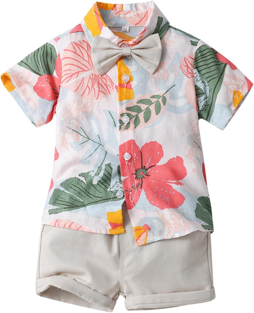 Hawaii pak kinderen jongens kleding set zomer 3 stuks vrije tijd pak kleine kinderen korte mouwen T-shirts bedrukt enkele rij overhemd baby strand shorts tas korte broek gentleman strik 70-130