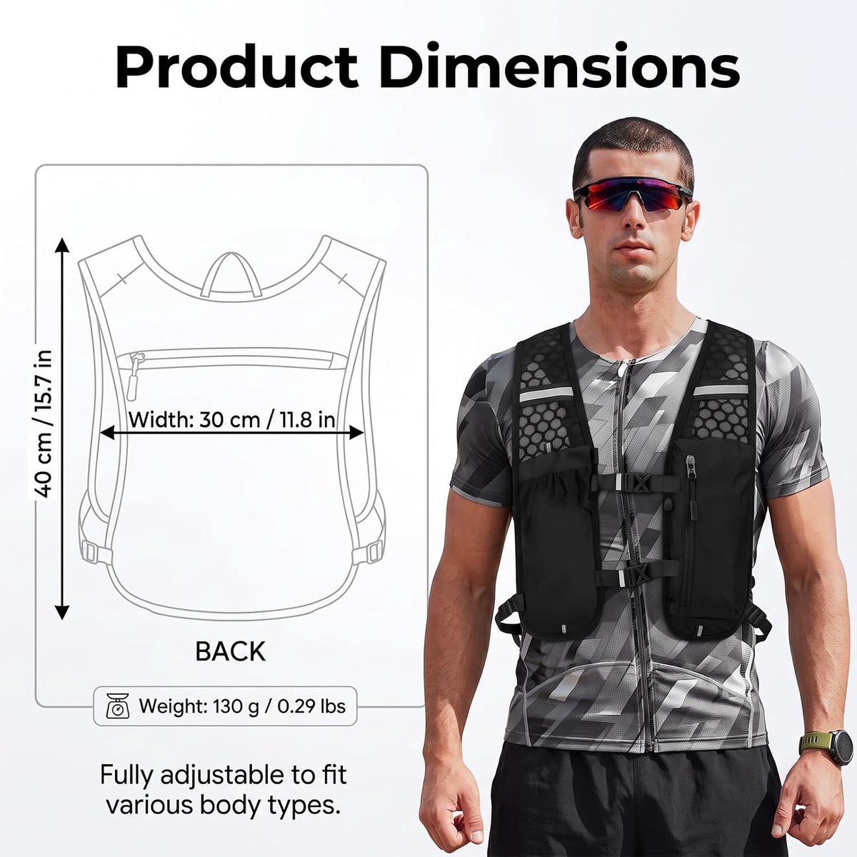 Loopvest voor dames en heren, ultralichte looprugzak, ademend, drinkvest, running met meerdere zakken en signaalfluitje, looprugzak voor joggen, trail, marathon, fietsen, wandelen, zwart