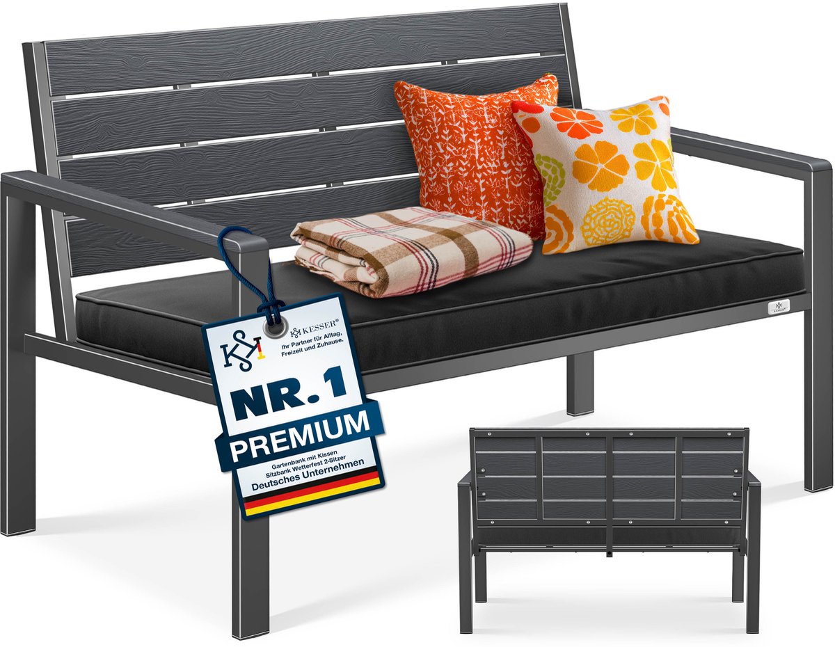KESSER® Tuinbank met kussen - 2-zits parkbank in houtlook, tot 300 kg - 120 x 64 x 78 cm - antraciet