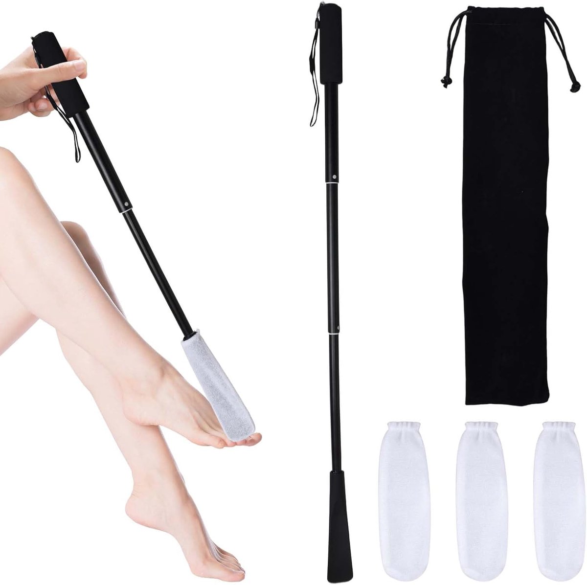 Voetborstel met lange handgreep, uittrekbaar (43 - 85 cm), voetreiniger met wasbare hoezen, doucheborstel voor ouderen, zwangere vrouwen