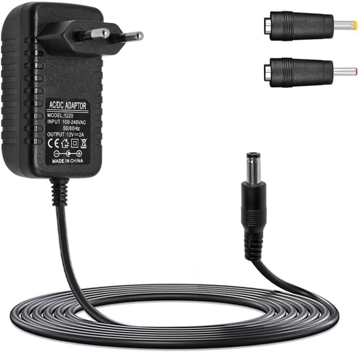 12 V, 2 A, universeel, transformator AC 220 V naar DC 12 V, oplader, voeding 24 W met stekker 5,5 mm x 2,1 mm, 1 m, kabel, 2 DC stroom, voor CCTV-camera's, ledstrips, routers en A