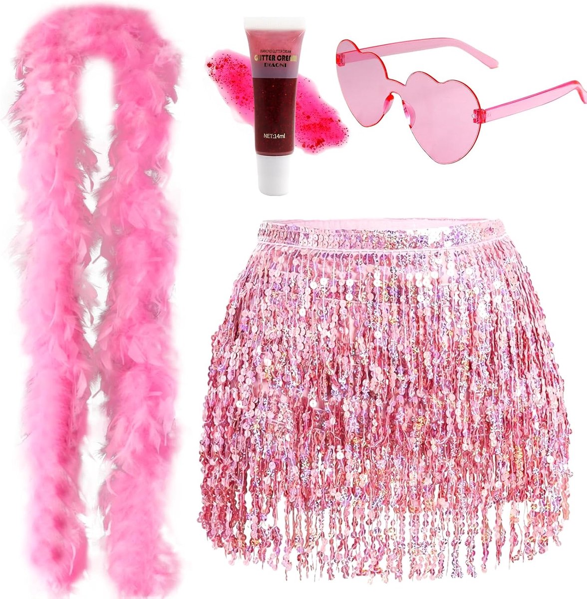 Rok voor dames, glitterrok, kwastrok met veerboa bril, glittergel, buikdanskostuum, glitterrok, rave outfit, heupdoek, kostuum voor dames en meisjes, carnaval, Halloween, Kerstmis, feest