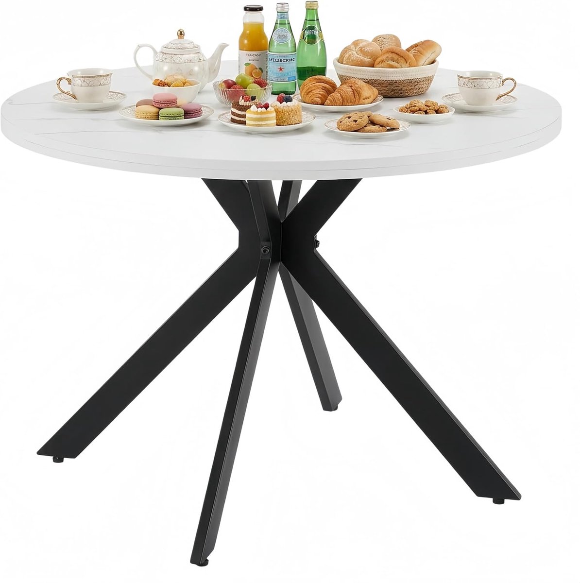 Eettafel, rond, 100 cm, keukentafel, wit marmerachtig materiaal, verdikt tafelblad, geschikt voor eetkamer, woonkamer, keuken, eettafel, rond, hout, voor 4-6 personen, wit, 100 x 100 x 75 cm