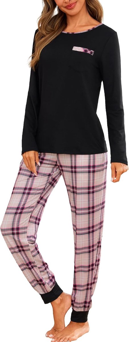 Damespyjama met lange mouwen, geruite pyjamaset, katoen