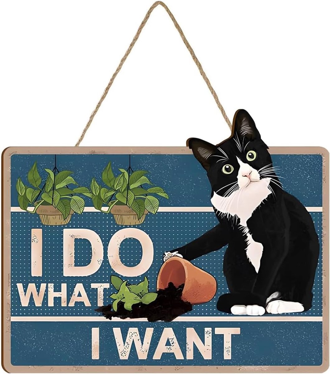 Kattenbord, houten hangend bord met zwarte kattencitaten, hangende deurdecoratie voor thuisdecoratie en wandkunst