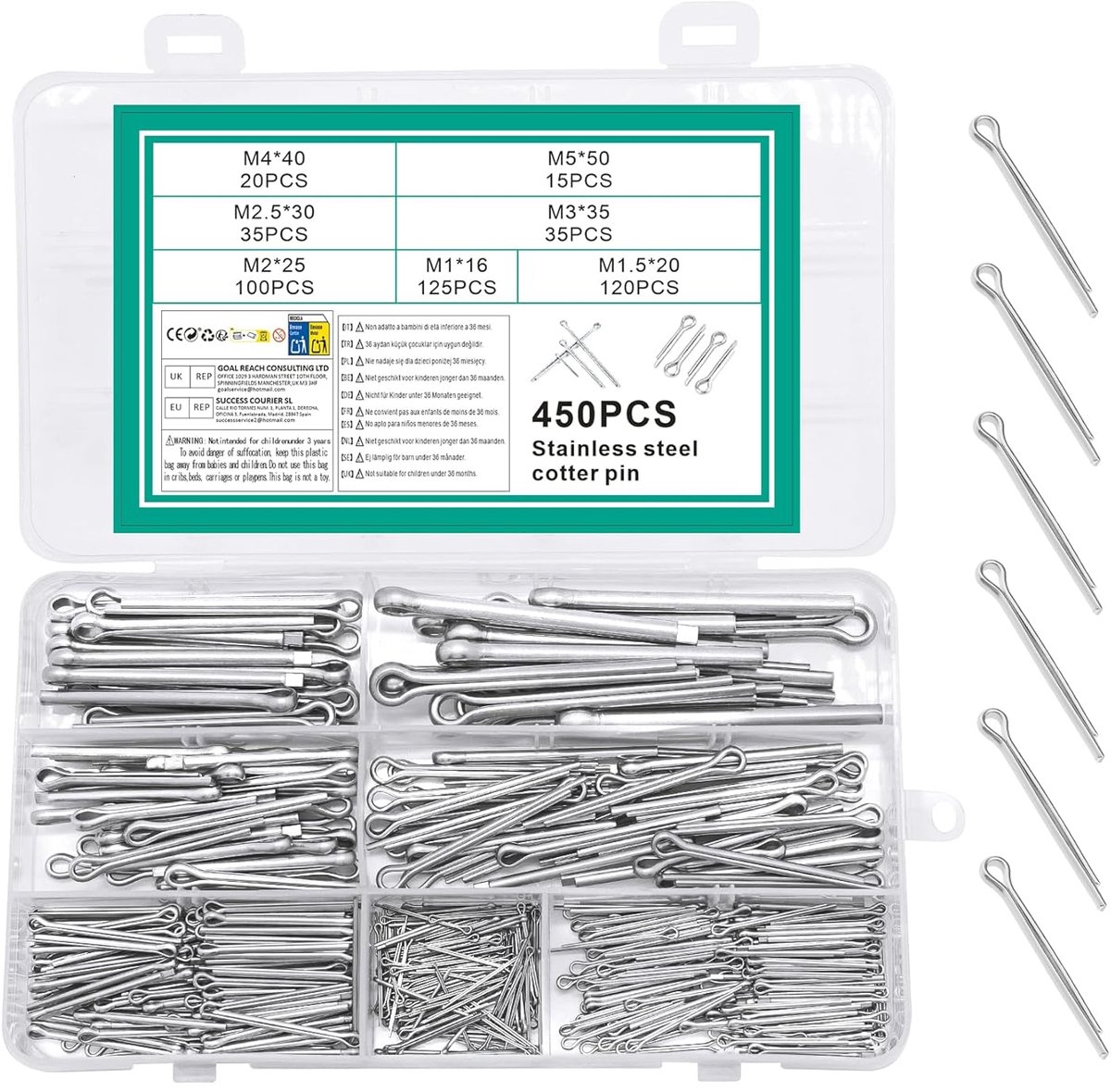 Splinten, 450 stuks, veiligheidssplinten, inklapbare splinten, assortiment, roestvrijstalen veerstekkers, veersplinten, spanpen, veiligheidssplintenset, veiligheidssplintenset
