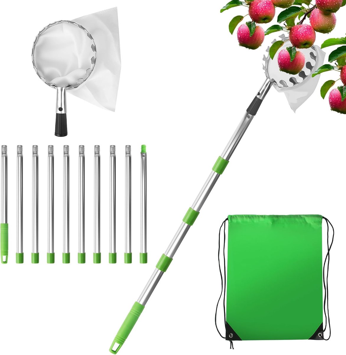 4m telescopische fruitplukker met roestvrijstalen steel en katoenen tas, geschikt voor het plukken van appels, pruimen, citrusvruchten en andere fruitbomen, verzamelgereedschap voor boomgaardfruit