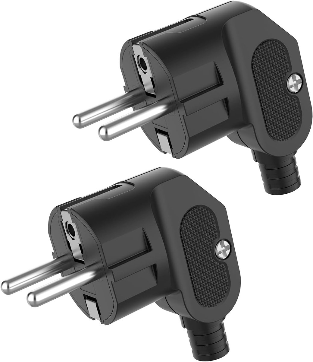 Stekker, 2 stuks netstekker, Europese stekker met knikbeschermingstuit, Schuko hoekstekker (250 V 16 A) voor 8-10 mm kabel, geaarde stekker-afgeschuind, IP20 voor gebruik binnenshuis