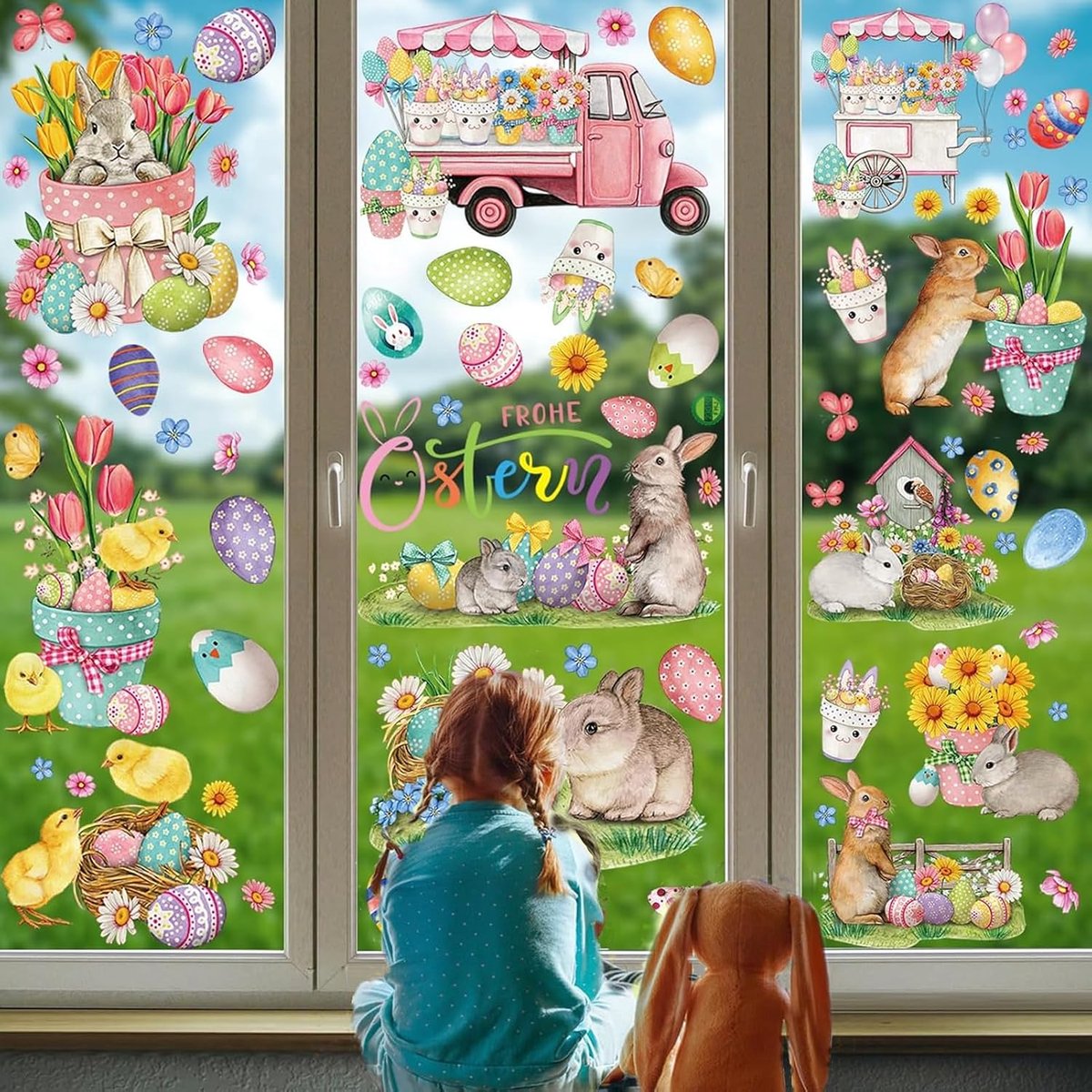 Raamafbeeldingen Pasen, zelfklevend, 70 stuks paasdecoratie, raamstickers, 9 vellen, schattige konijneneieren, bloemen, muurstickers, raamstickers, decoraties, herbruikbaar voor Pasen