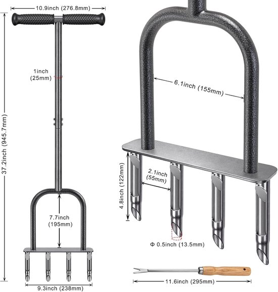 Gazonkern beluchter, holle tand gras beluchting tool lange steel handmatige tuin grond plugger 4 Prong Heavy Duty Coring Beluchting Spike Semi-Open Plug Soft Grip met Clay Release Tool — afbeelding 2