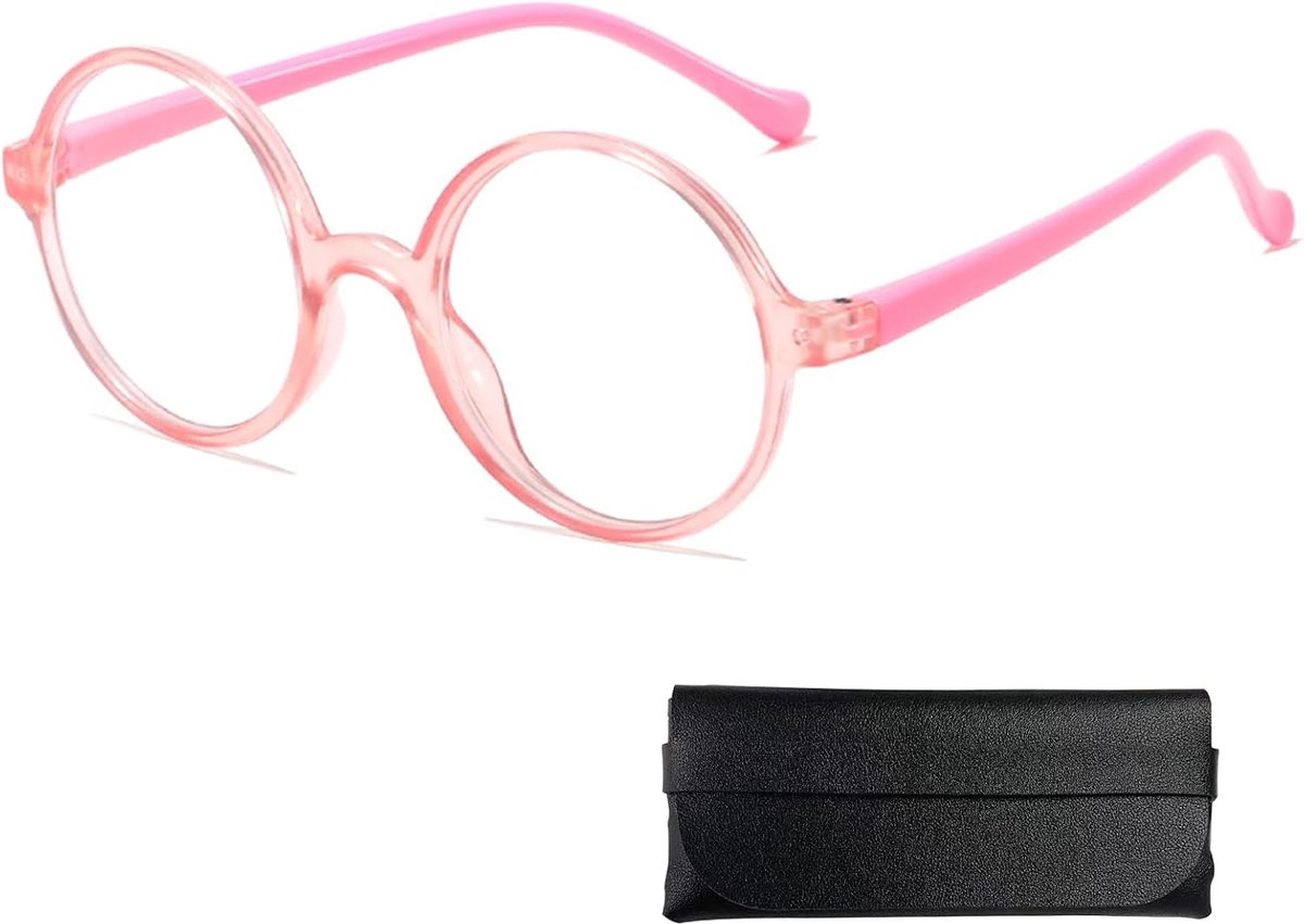 Bril, ronde lunette, uitgerust met harde brillenkoker, ronde bril, uniseks, glazen zonder correctie, voor kostuums, carnaval, themafeesten, verkleedpartijen