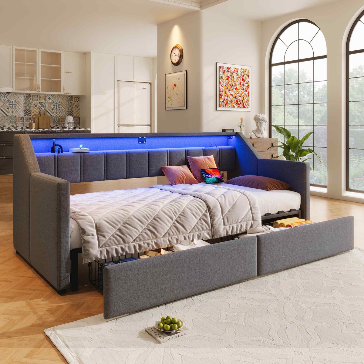 Sweiko Bed - Slaapbank - 90/180 x 200 cm - USB/Type-C - LED-verlichting - 2 lades - Uitbreidbaar tot 180 cm - Grijs