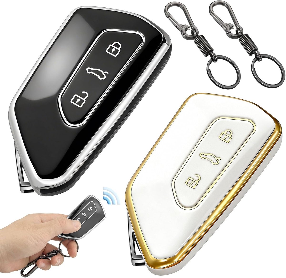 2 stuks, sleutelhoes voor VW, sleutelbehuizing met 2 sleutelhangers, voor Golf 8, ID3, ID4, GTI, GTE, Seat Leon MK4, Tarraco, Ateca en Skoda Octavia (zwart, goud)