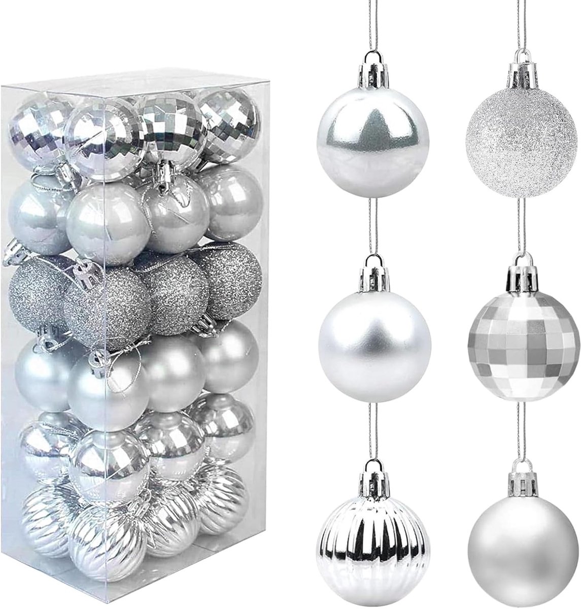 Kerstballenset Zilver met Sleutelkoord, Christmas Bauble Plastik