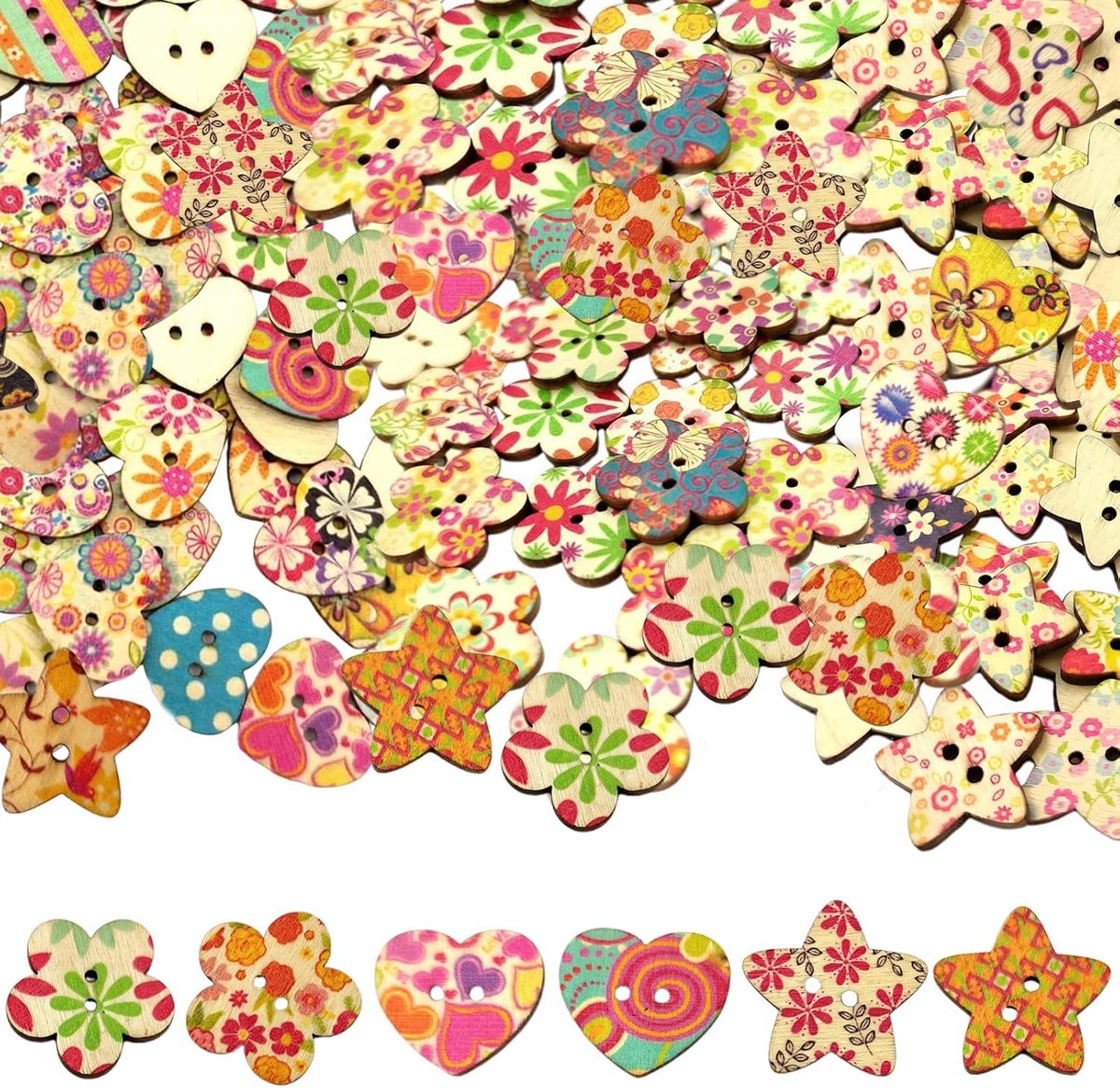 Knopen, 25 mm houten knopen met 2 gaten, bloemen, sterren, hartjes, handgemaakte knopen, knopen om te knutselen voor doe-het-zelf handgemaakte versiering, naaien en scrapbooking