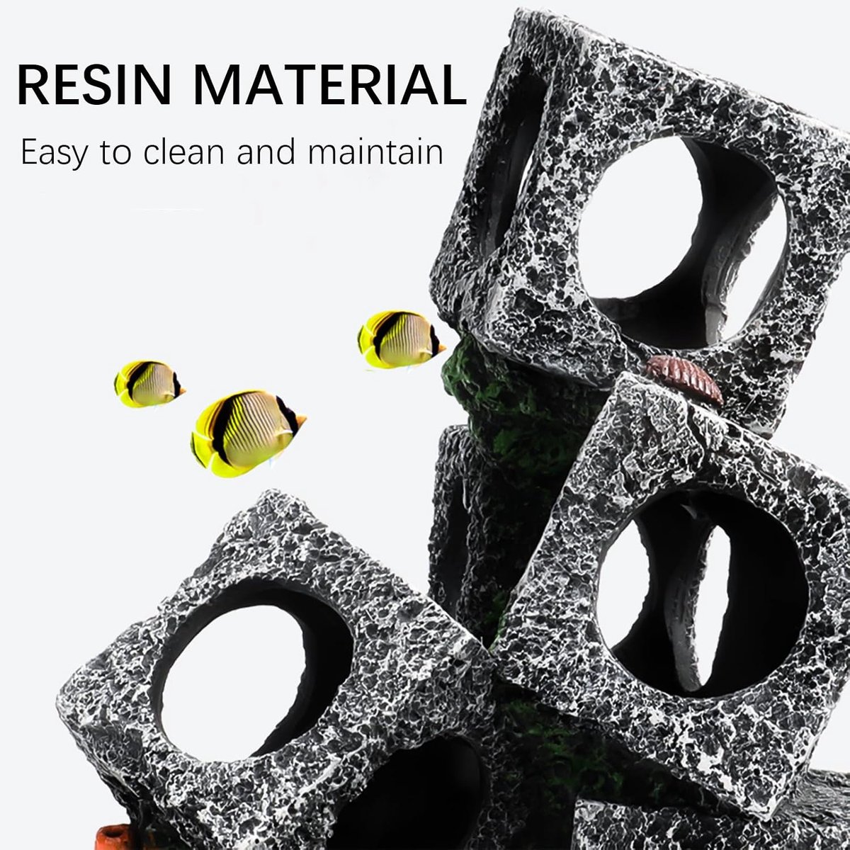 Hideaway Rock Cave, Betta Hideout Grot, Resin Fish Tank Ornament, Reptile Hide Cave Tank Decoratie-accessoires voor waterdieren spelen en rusten (grijs, drie gaten)