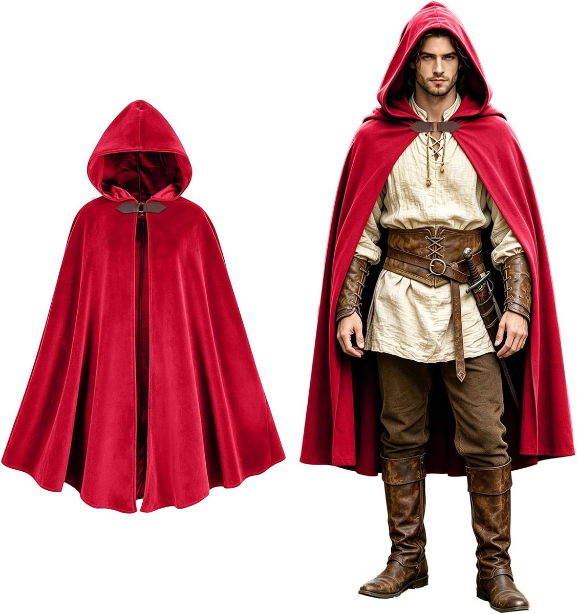Middeleeuwse jas met capuchon voor heren, middeleeuwse jas met capuchon voor carnaval, Halloween, kostuum voor volwassenen, uniseks, dames en heren