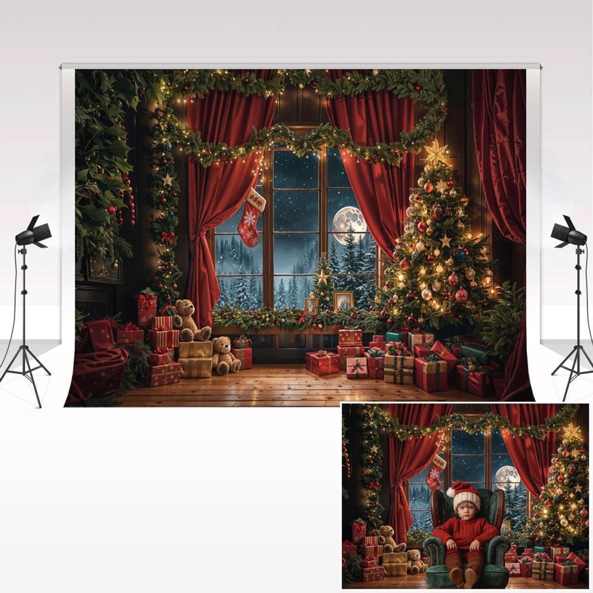 Kerstfotografie achtergrond 3 x 2 m Binnen Kerstavond Kerstavond Kerstboom Rode Gordijnen Cadeau Kind Verjaardag Portret Foto Achtergrond Rekwisieten Studio