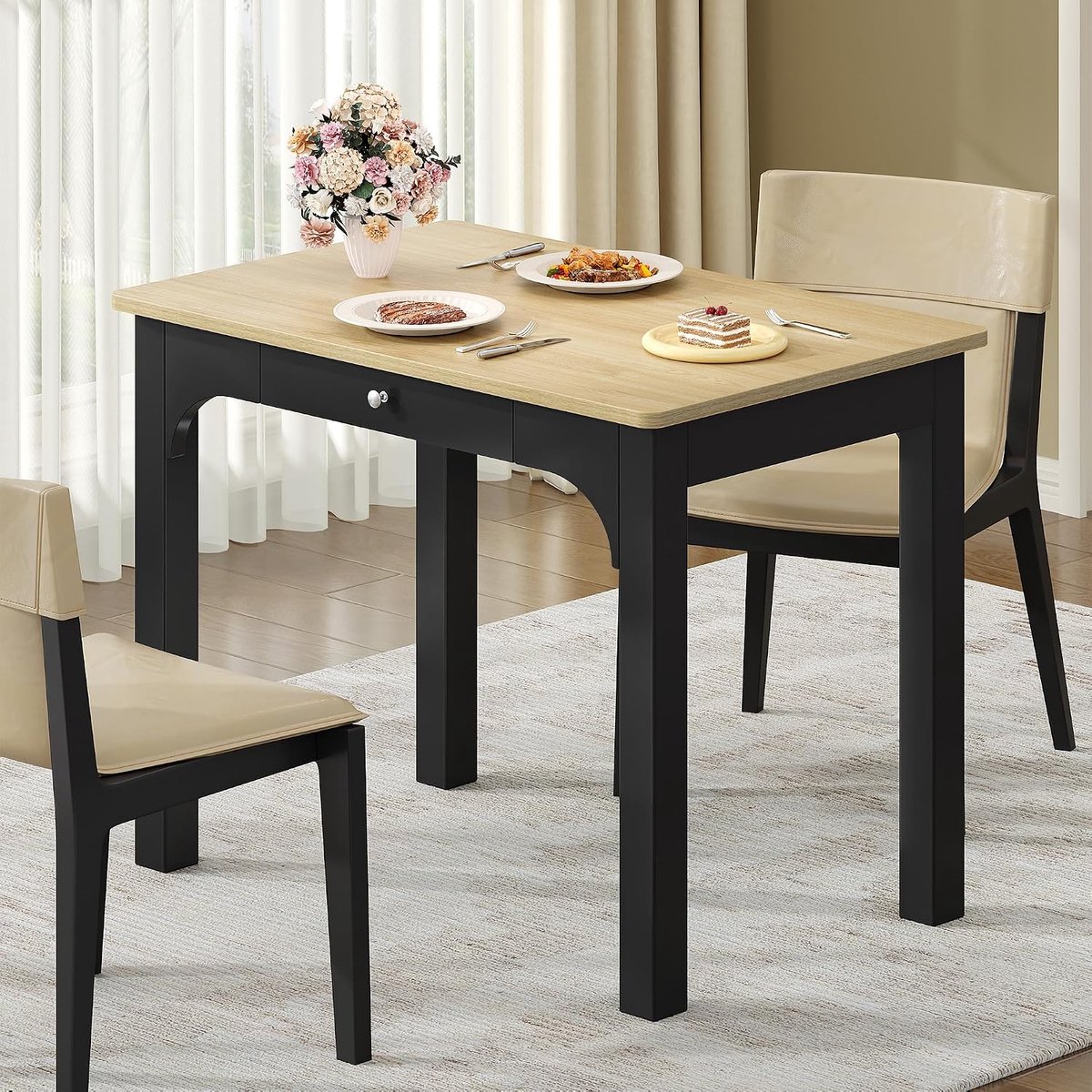 Eettafel In Houtlook, Keukentafel Met Lades,50 x 80 x 75 cm,Zwart