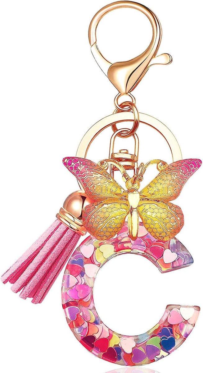 Sleutelhanger voor meisjes, sleutelhanger, vlinder, roze met beginletters, goud, sleutelringen, hartvormig, hars, sleutelhanger, gepersonaliseerd sleutelhanger, cadeau
