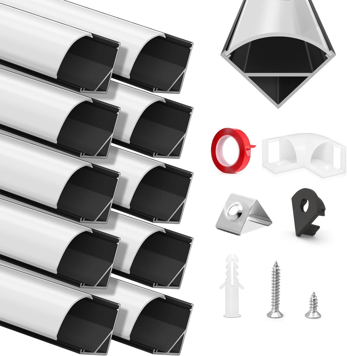 Aluminium Kanaal, HOMMAND 10 x 1m LED Aluminium profiel, LED Strip Kanaal en Diffuser, LED Strip Profiel met Hoekverbinder, Plakband, Eindkappen, Montage Clips, LED Profiel V Vorm 10m