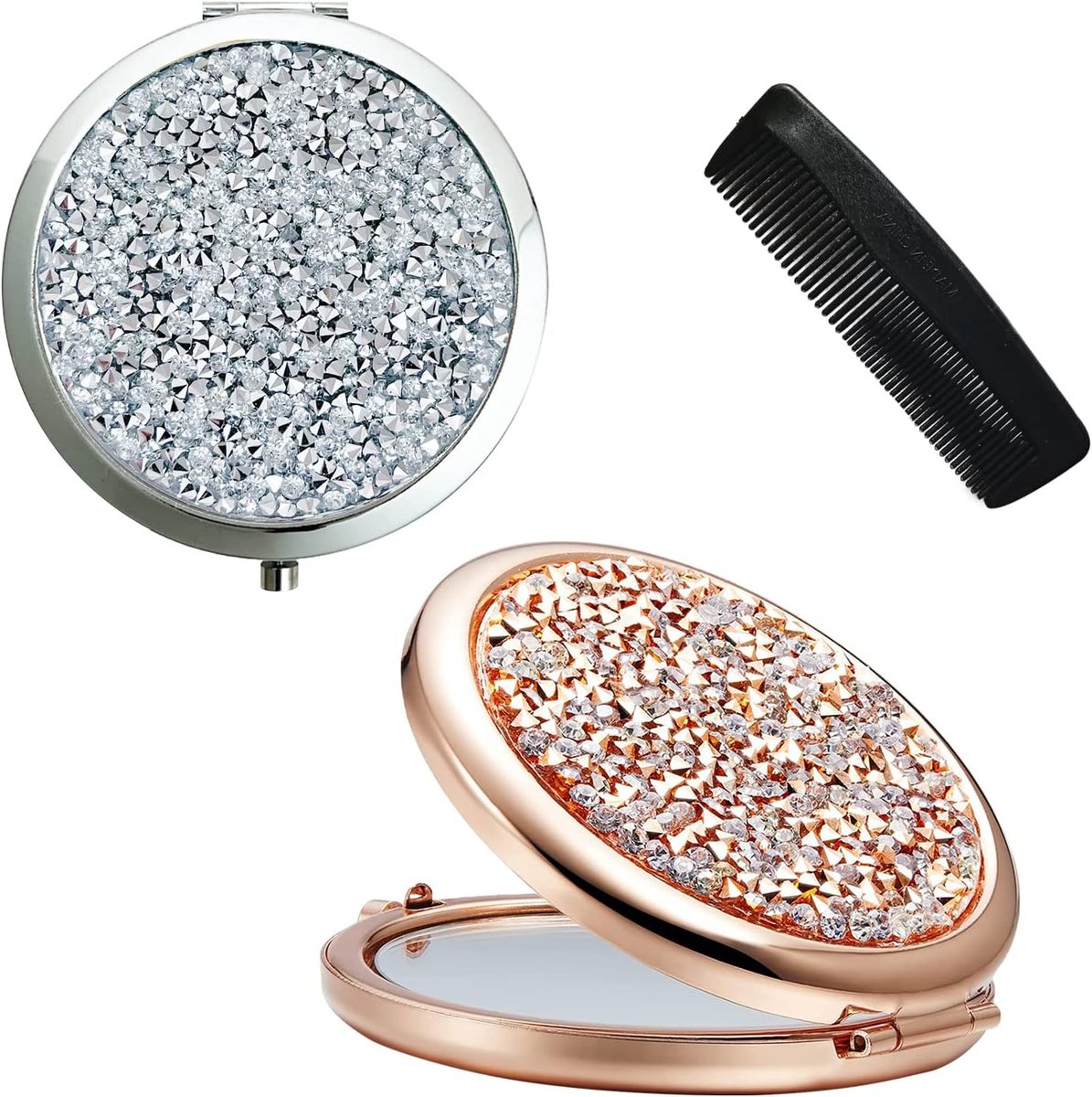 2 Pcs Double-Sided Round Mirror, with 1 Plastic Comb, Crystal Diamond Makeup Mirror, Portable Pocket Mirror, Folding - ShopVlot