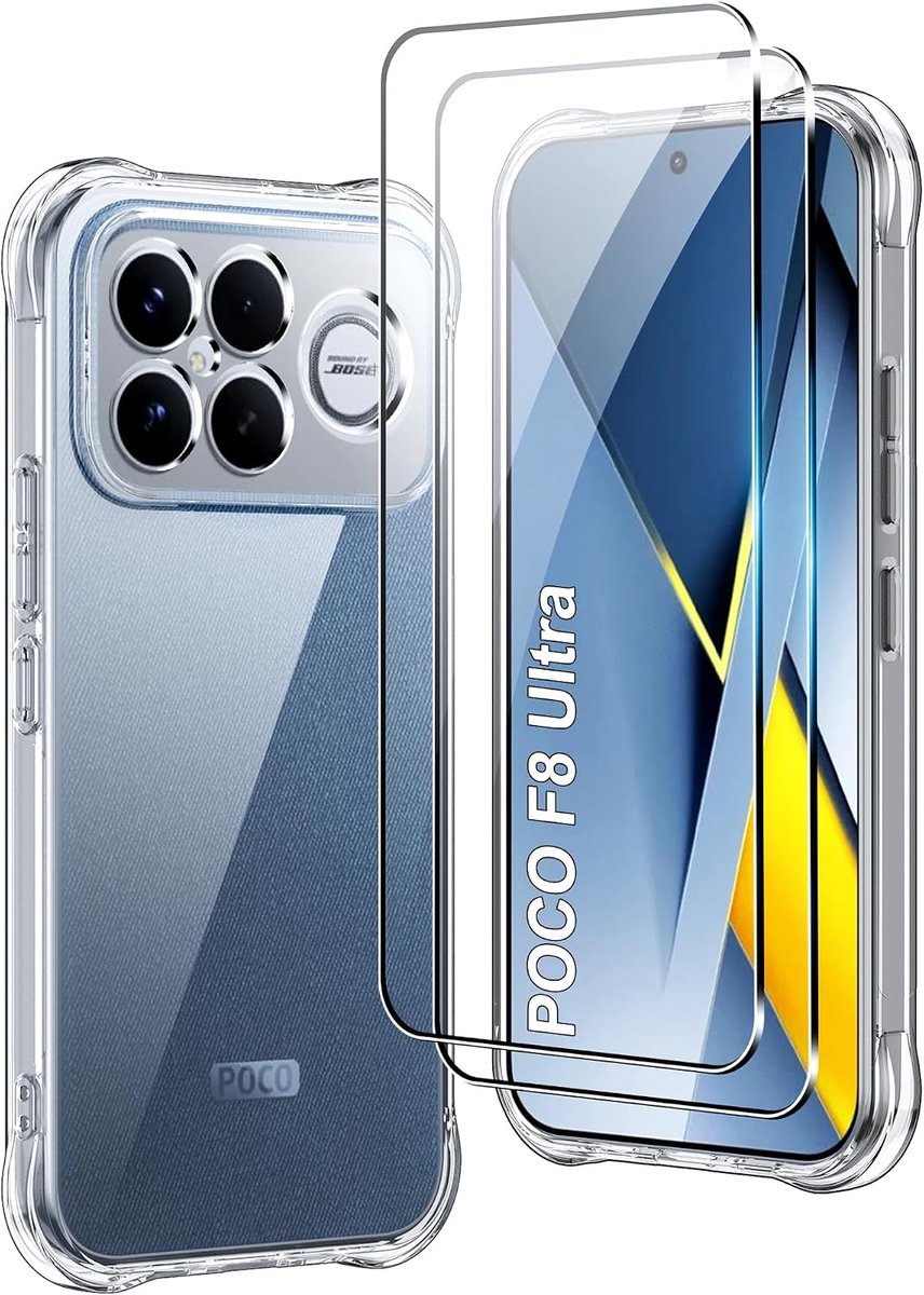 Mobiel hoesje POC0 F8 Ultra - ultra dun - transparant silicone - schokbestendig met 2 glazen films - ShopVlot
