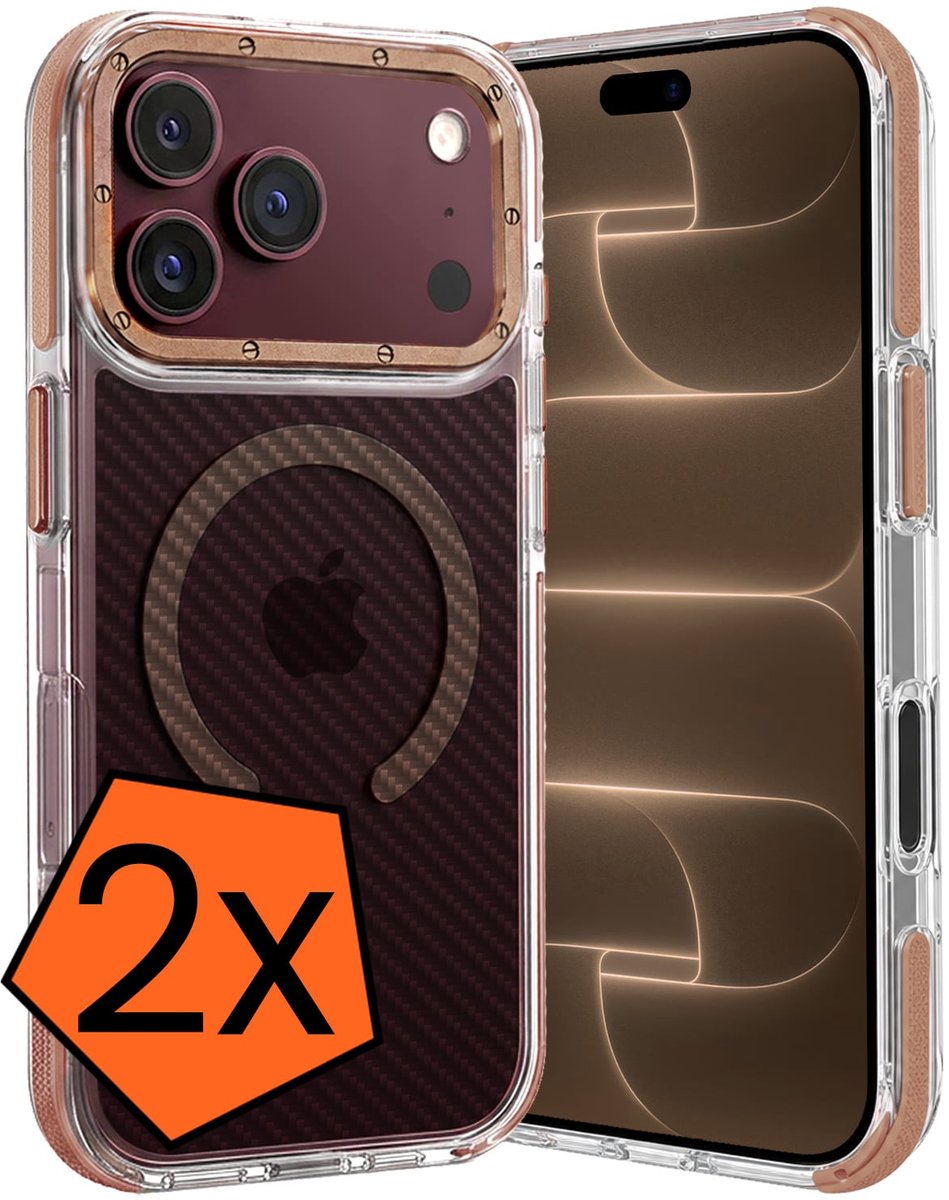 Hoes - 2 Stuks - Geschikt voor Apple iPhone 18 Pro Max - Magsafe Compatible - Carbon Look - Sterk & Shockproof - Back Cover - Shock Proof Case - Telefoon Hoes - Bruin