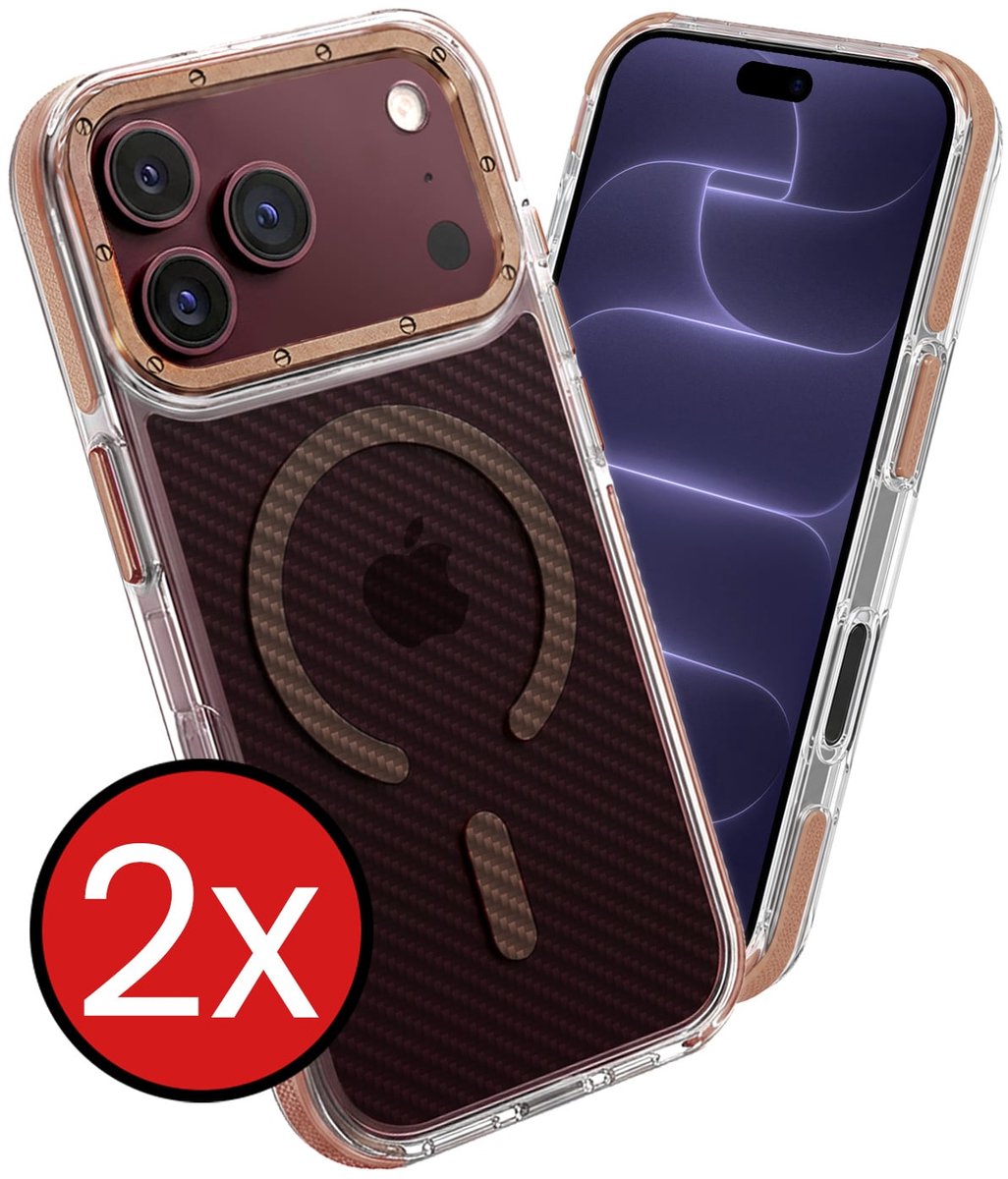 Hoesje - 2 Stuks - Geschikt voor Apple iPhone 18 Pro - Magsafe Compatible - Carbon Look - Sterk & Shockproof - Shock Proof Case - Back Cover - Telefoon Hoes - Telefoonhoes - Bruin