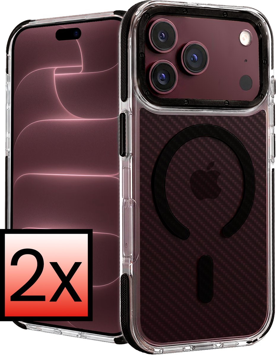 Hoesje - 2 Stuks - Geschikt voor Apple iPhone 18 Pro - Magsafe Compatible - Carbon Look - Sterk & Shockproof - Back Cover - Shock Proof Case - Telefoon Hoes - Zwart