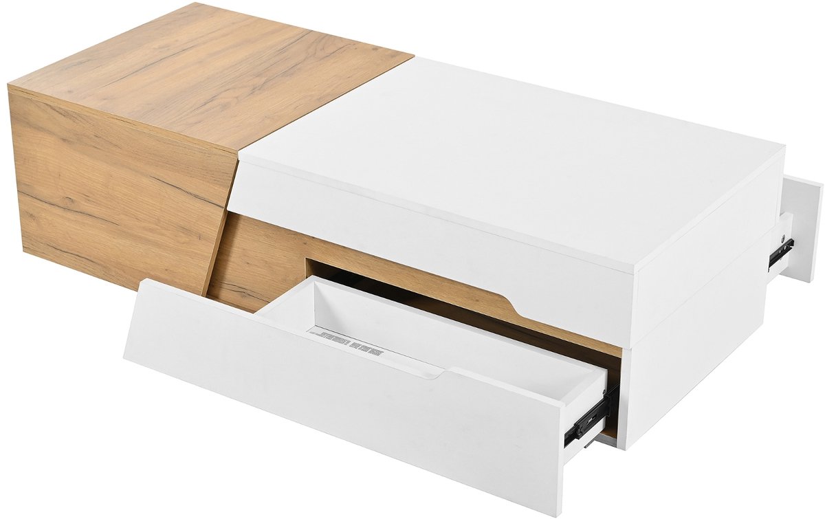 Ropilly Uitschuifbare Salontafel met Lades - Moderne MDF Salontafel met Opbergruimte - Woonkamer - Wit en Hout Natuurlijk, wit