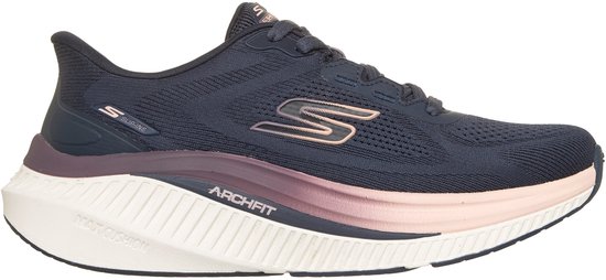 Navy damessneaker met roze en witte accenten, met 'Arch Fit' op de zool.