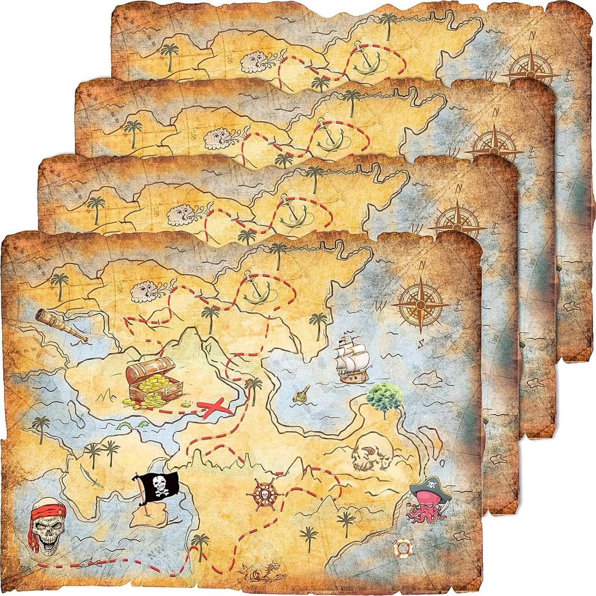 4 Stuks Schatkaart Party Accessoire Gold Mind Treasure Map voor Piraat Party Kostuum Verjaardagsfeest Accessoire Vintage Retro Stijl