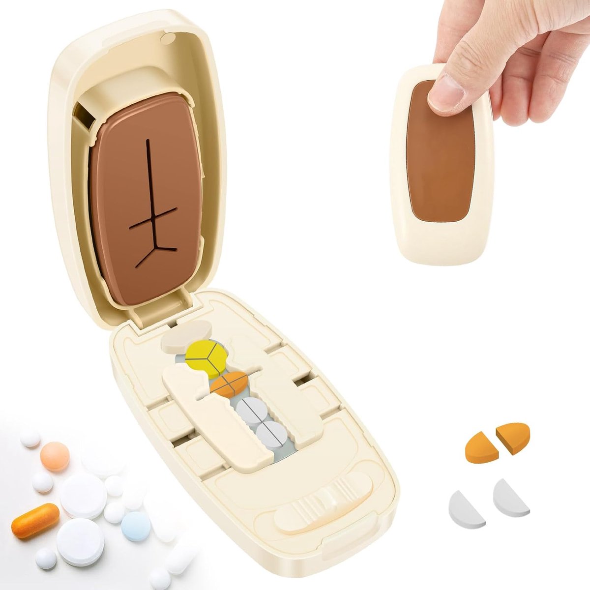 Nauwkeurige precisie pillensnijder, tabletverdeler snijdt pillen in 2 of 4 delen, met opbergvak, eenvoudige snede, draagbaar voor dagelijks gebruik en reizen (Wit)