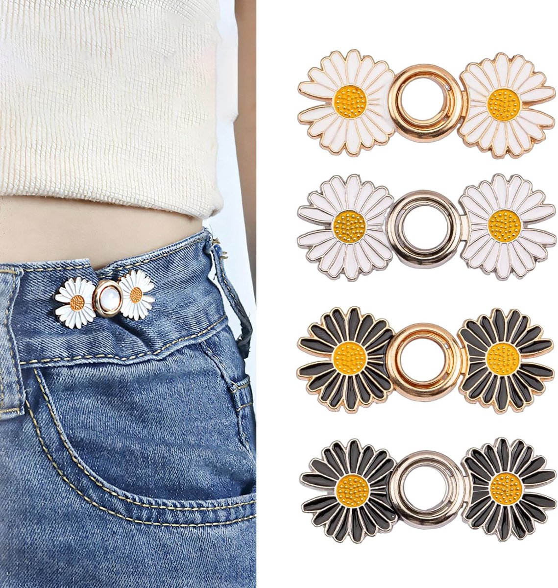 Knopen, broekclip, Madeliefje jeansknopen, tailleclip, ontwerp met, verstelbare tailleknopen, broek zonder naad, tailleband